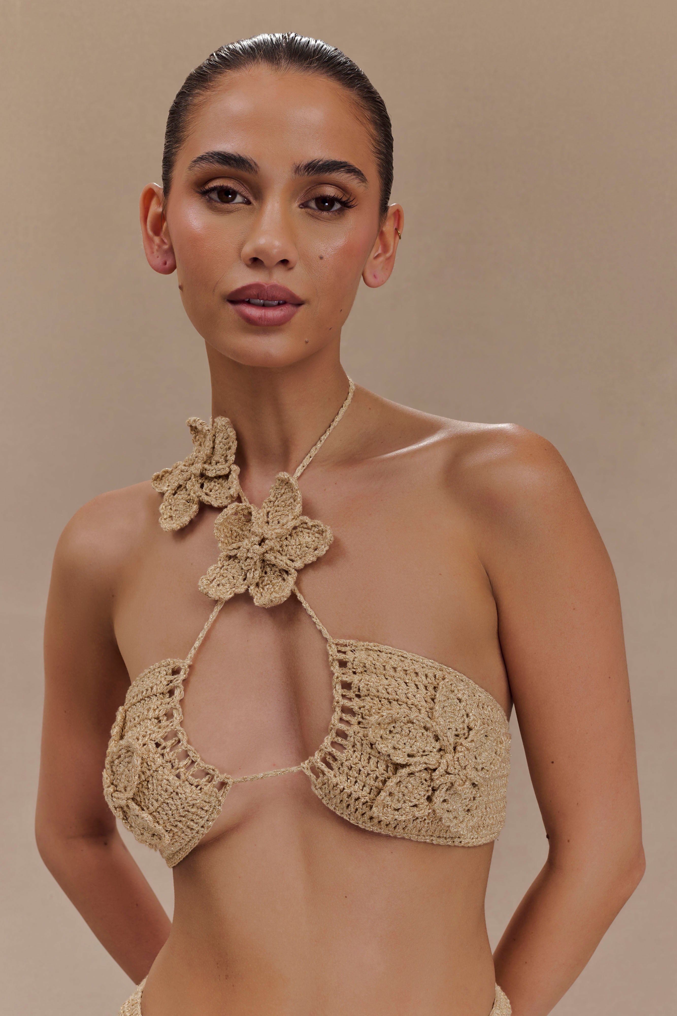 River Floral Crochet Bikini Top - Gold