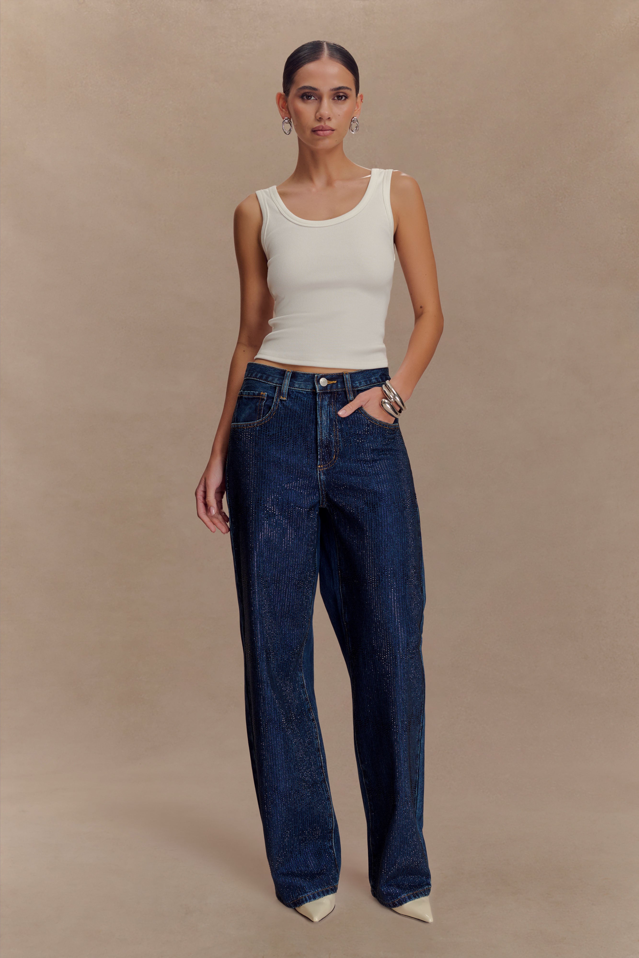 Laina Mid Rise Diamante Denim Jeans - Midnight Blue