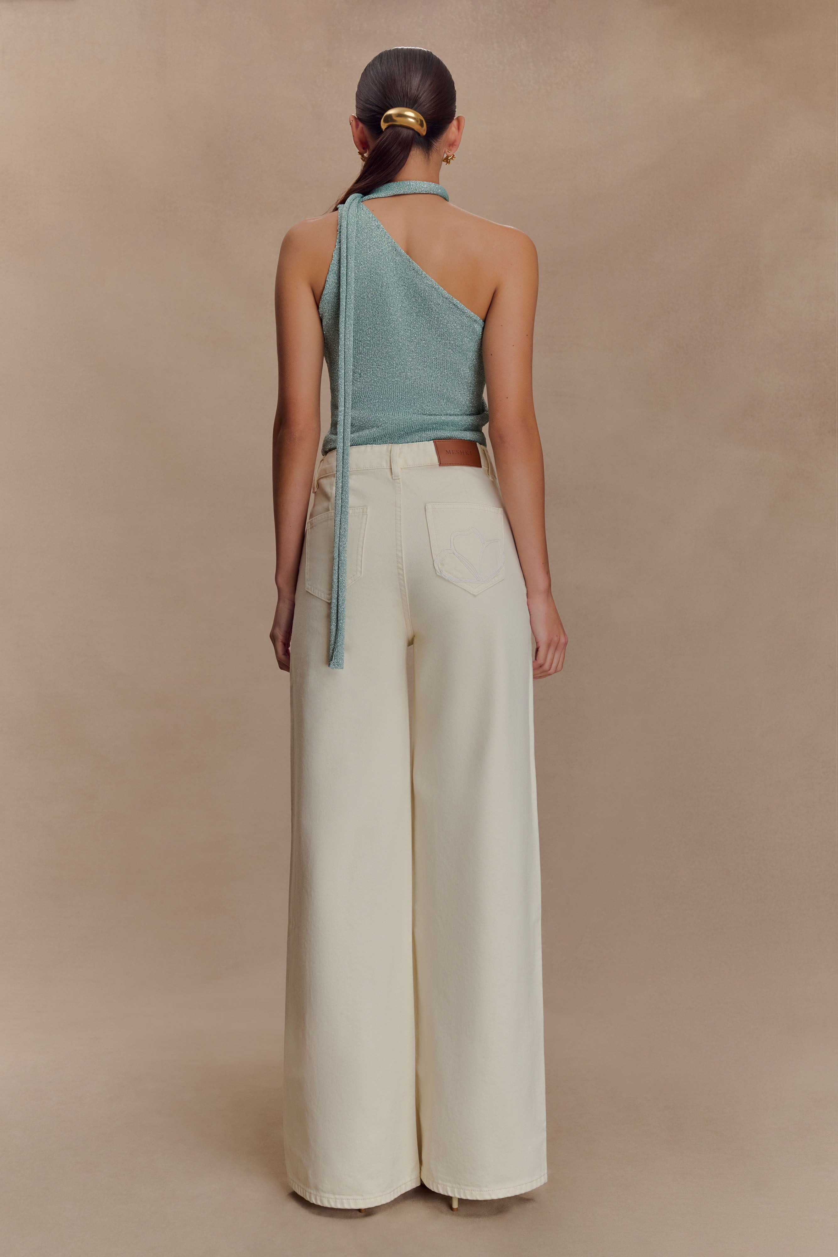 Leone One Shoulder Metallic Knit Top - Aqua