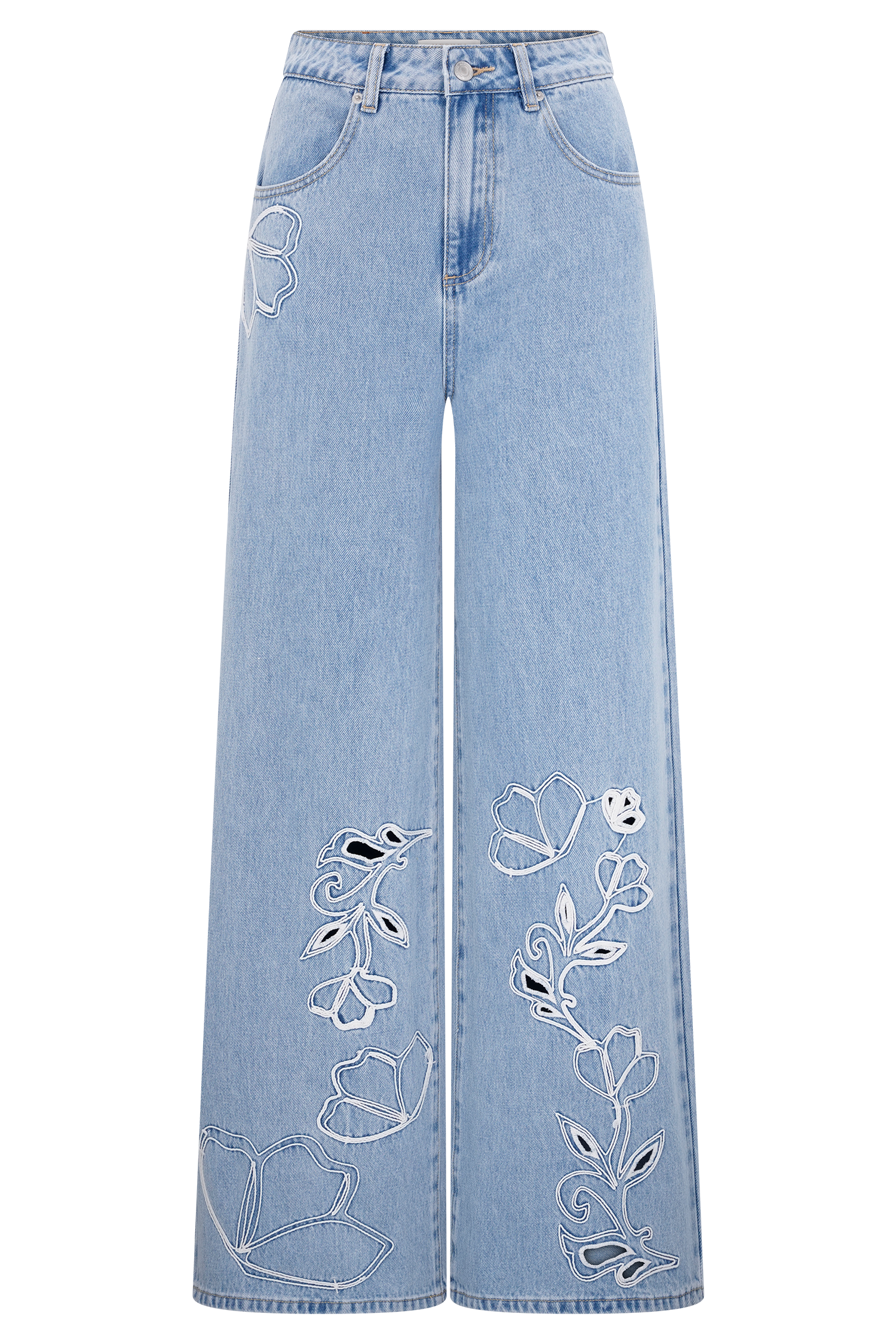 Carmella Embroided Straight Leg Jeans - Mid Blue