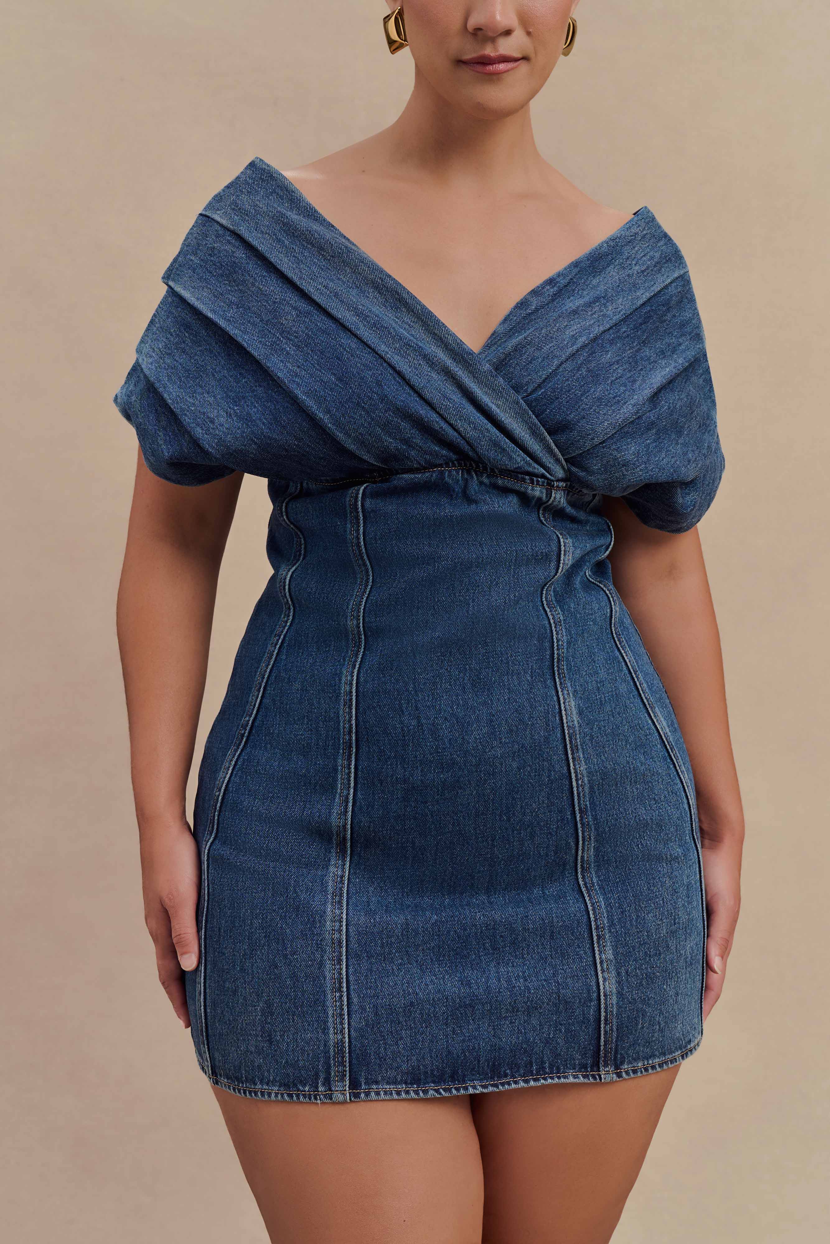 Pascale Off Shoulder Denim Mini Dress - Washed Dark Blue